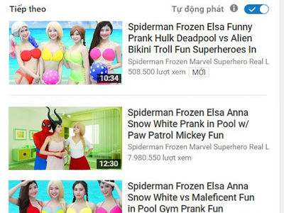 Một số video với nhân vật hoạt hình nhưng diễn viên ăn mặc hở hang.Ảnh chụp màn hình.