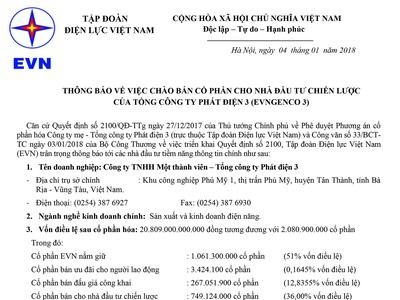 EVN thông báo về việc chào bán cổ phần cho nhà đầu tư chiến lược của Tổng công ty Phát điện 3