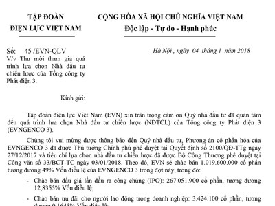 Thư mời tham gia quá trình lựa chọn Nhà đầu tư chiến lược của Tổng công ty Phát điện 3