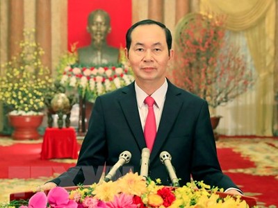 Chủ tịch nước Trần Đại Quang chúc Tết đồng bào, chiến sĩ cả nước và kiều bào Việt Nam ở nước ngoài. (Ảnh: Nhan Sáng/TTXVN)