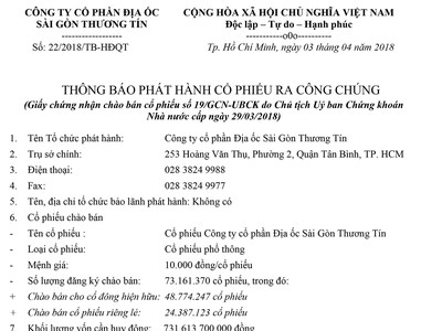 Công ty cổ phần Địa ốc Sài Gòn Thương Tín (SCR) thông báo phát hành cổ phiếu ra công chúng