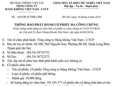 Vietnam Airlines (HVN) thông báo phát hành cổ phiếu ra công chúng