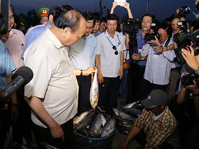 Thủ tướng hỏi thăm giá cả các loại cá, trực tiếp mua ba con cá ủng hộ ngư dân Quảng Trị. Ảnh:Hoàng Táo