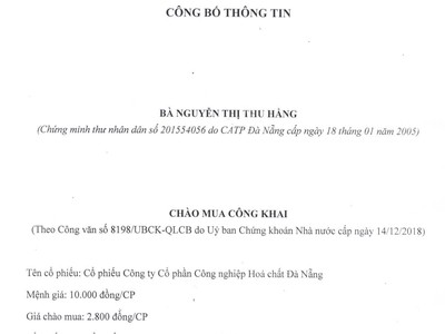 Bà Nguyễn Thị Thu Hằng công bố thông tin chào mua công khai cổ phiếu CTCP Công nghiệp hóa chất Đà Nẵng