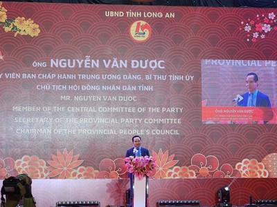 Ông Nguyễn Văn Được, Bí thư Tỉnh ủy Long An phát biểu tại buổi Họp mặt. (Ảnh: Việt Dũng)