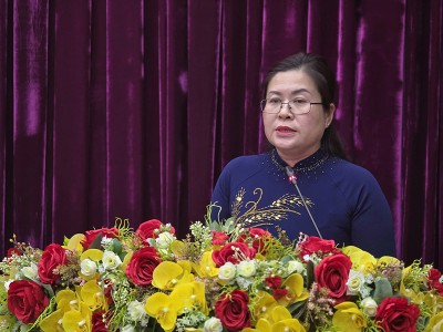 Trưởng Ban Tuyên giáo và Dân vận tỉnh Vĩnh Long Nguyễn Thị Minh Trang thông tin về công tác chuẩn bị Đại hội.