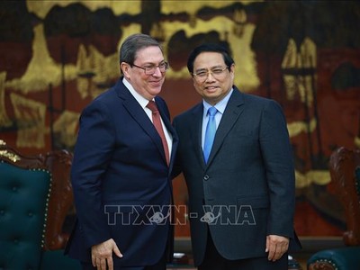 Thủ tướng Phạm Minh Chính tiếp đồng chí Bruno Rodríguez Parrilla, Ủy viên Bộ Chính trị, Đặc phái viên Đảng, Chính phủ Cuba, Bộ trưởng Bộ Ngoại giao Cuba. Ảnh: Dương Giang/TTXVN