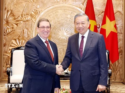 Tổng Bí thư Tô Lâm tiếp thân mật đồng chí Bruno Rodríguez Parrilla, Đặc phái viên Đảng Cộng sản Cuba, Nhà nước Cộng hòa Cuba, Ủy viên Bộ Chính trị, Bộ trưởng Ngoại giao Cuba. (Ảnh: TTXVN)