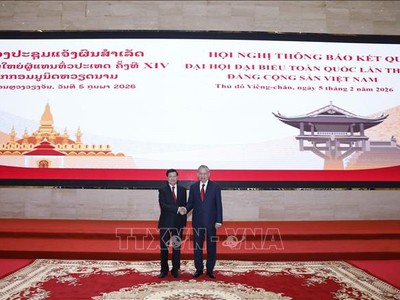 [Ảnh] Hội nghị thông báo kết quả Đại hội Đảng XIV của Việt Nam tại Lào