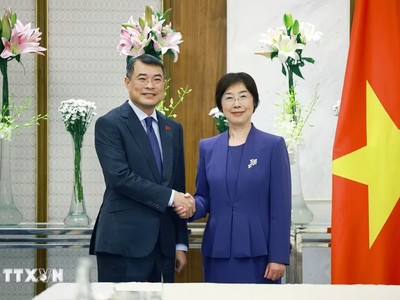 Thủ tướng Lê Minh Hưng tiếp bà Trâu Gia Di, Chủ tịch Ngân hàng Đầu tư Cơ sở hạ tầng Châu Á (AIIB). (Ảnh: Dương Giang/TTXVN)