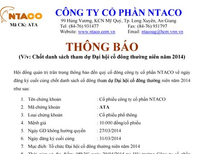 NTACO thông báo chốt danh sách tham dự ĐHCĐ thường niên 2014