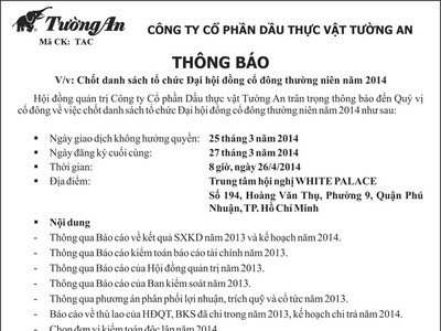 TAC thông báo chốt danh sách tổ chức ĐHCĐ thường niên 2014