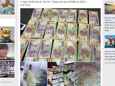 Thông tin rao bán tiền giả vẫn xuất hiện công khai trên mạng Facebook. Ảnh chụp lại màn hình.