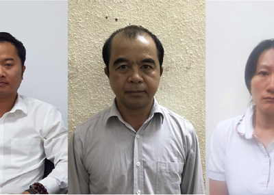 Các bị can Dương Văn Hòa, Trần Ngọc Quang, Phạm Vân Thùy (từ trái qua). (Ảnh: Công an cung cấp).