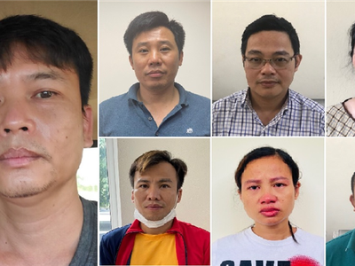 Các bị can (từ trái qua phải): Nguyễn Xuân Hanh; Đỗ Quang Tiến; Đỗ Khắc Tú Anh; Nguyễn Thị Ngọc Lâm; Nguyễn Tuấn Nghĩa; Kiều Thị Thúy; Hoàng Đình Văn. 