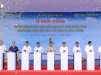 Thủ tướng Chính phủ Phạm Minh Chính, cùng lãnh đạo các bộ, ngành, địa phương nhấn nút khởi công cầu Đại Ngãi.