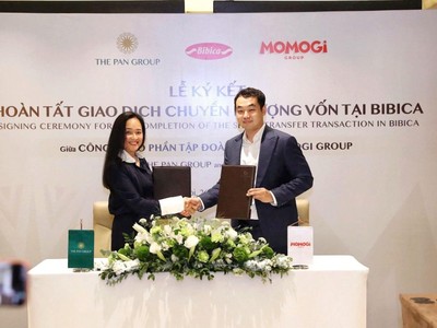 Bà Nguyễn Thị Trà My, Tổng giám đốc Tập đoàn PAN và ông Yen Gunadi, đại diện Ban Lãnh đạo Momogi Group ký biên bản hoàn tất giao dịch chuyển nhượng vốn tại Bibica.