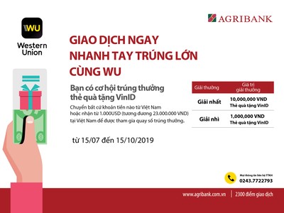 Agribank triển khai chương trình “Giao dịch ngay – Nhanh tay trúng lớn cùng WU” 