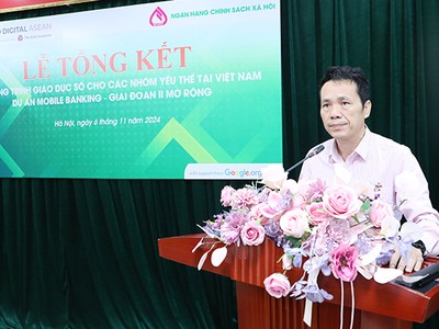 Phó tổng giám đốc Hoàng Minh Tế - Trưởng Ban Quản lý dự án Mobile Banking NHCSXH phát biểu tại sự kiện