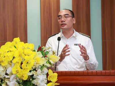 Phó Tổng Kiểm toán Nhà nước Bùi Quốc Dũng phát biểu tại Hội nghị diễn tập thực chiến an toàn thông tin trên hệ thống công nghệ thông tin của Kiểm toán Nhà nước.