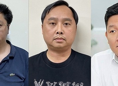Các bị can (từ trái qua phải): Đỗ Đức Nam, Đỗ Thành Nhân và Phạm Thanh Tùng.