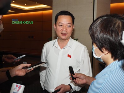 Đại biểu Quốc hội Trịnh Xuân An (đoàn Đồng Nai) trả lời báo chí bên hành lang Quốc hội (Ảnh M.MInh)