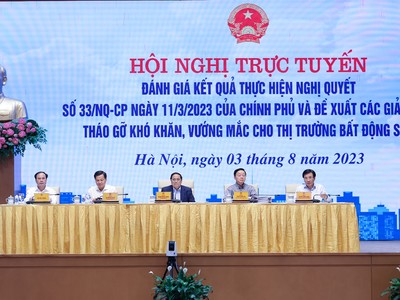 Thủ tướng Phạm Minh Chính đã chủ trì Hội nghị trực tuyến về đánh giá kết quả thực hiện Nghị quyết số 33/NQ-CP và đề xuất các giải pháp tháo gỡ khó khăn cho thị trường bất động sản. Ảnh: VGP