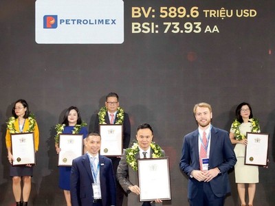 Đại diện Brand Finance trao chứng nhận “Top 100 thương hiệu giá trị nhất Việt Nam năm 2023” tới đại diện Petrolimex 