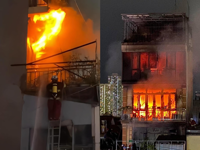 Hiện trường vụ cháy ngôi nhà kinh doanh thiết bị điện nước ở Định Công Hạ chiều tối 16/6/2024