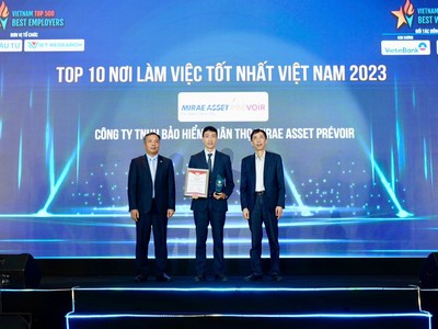 Chủ tịch kiêm Tổng giám đốc Mirae Asset Prévoir ông Ko Young Wan (đứng giữa) trong lễ trao giải Top 10 nơi làm việc tốt nhất năm 2023