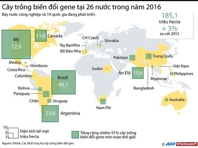 [Infographic] Cây trồng biến đổi gene tại 26 nước trong năm 2016