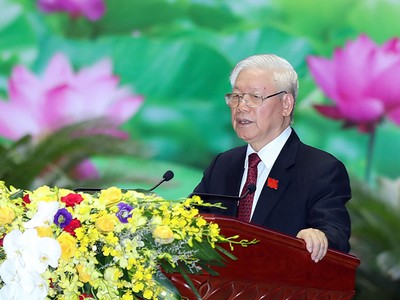 Tổng Bí thư, Chủ tịch nước Nguyễn Phú Trọng, Bí thư Quân ủy Trung ương phát biểu chỉ đạo Đại hội (Ảnh: Cổng TTĐT Bộ Quốc phòng)