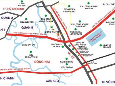 Bình đồ tuyến cao tốc Biên Hòa - Vũng Tàu trong mối tương quan với hệ thống giao thông trong khu vực Đông Nam Bộ.