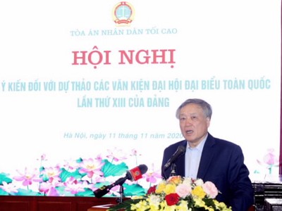 Chánh án TAND Tối cao Nguyễn Hòa Bình phát biểu tại hội nghị. Ảnh: Cổng TTĐT TAND Tối cao