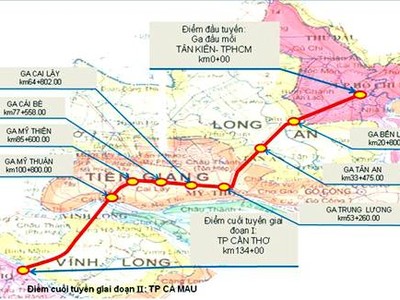 Hướng tuyến dự kiến của Dự án đường sắt Tp.HCM - Cần Thơ.