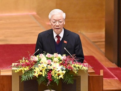 Tổng Bí thư, Chủ tịch nước Nguyễn Phú Trọng trình bày báo cáo trước Quốc hội - (Ảnh Duy Linh).