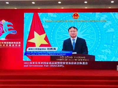 Thứ trưởng Bộ Công Thương Đỗ Thắng Hải phát biểu khai mạc hội chợ theo hình thức trực tuyến