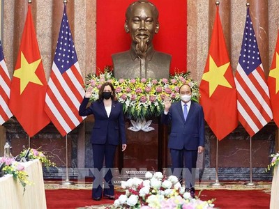 Chủ tịch nước Nguyễn Xuân Phúc và Phó Tổng thống Hoa Kỳ Kamala Harris tại buổi tiếp (Ảnh: Thống Nhất)