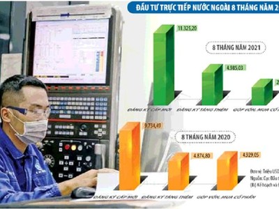 Vốn đầu tư nước ngoài đăng ký vào Việt Nam trong 8 tháng đầu năm dù tiếp tục xu hướng sụt giảm trong một số ngành nhưng tín hiệu đã tích cực hơn, trong đó Nhật Bản, Hàn Quốc và Singapore vẫn là nhà đầu tư hàng đầu. Ảnh: Đức Thanh. Đồ hoạ: Đan Nguyễn