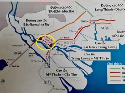 Dự án đường cao cấp An Hữu - Cao Lãnh dài 32km (đoạn khoanh tròn) có vốn đầu tư hơn 6.000 tỉ đồng ẢNH: CTV