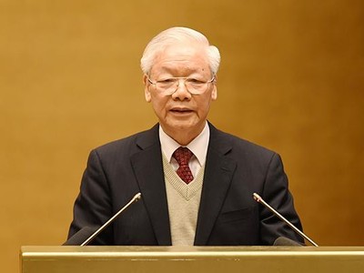 Tổng Bí thư Nguyễn Phú Trọng phát biểu tại Hội nghị Văn hóa toàn quốc sáng 24/11 tại Hà Nội. 