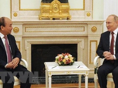 Chủ tịch nước Nguyễn Xuân Phúc hội đàm với Tổng thống Nga Vladimir Putin. (Ảnh: TTXVN)