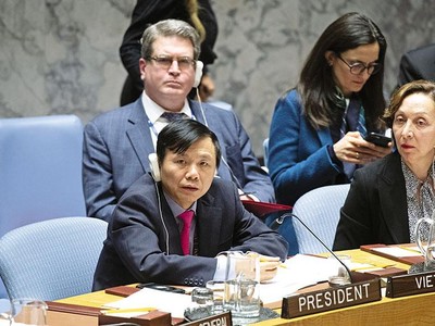 Đại sứ Đặng Đình Quý (hàng đầu, bên trái) trong một phiên thảo luận tại Liên hợp quốc