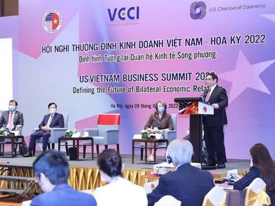 Thủ tướng Phạm Minh Chính phát biểu tại Hội nghị Thượng đỉnh Kinh doanh Việt Nam - Hoa Kỳ, sáng 8/3. (Ảnh: TTXVN).