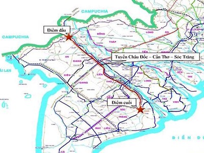Sơ đồ hướng tuyến cao tốc Châu Đốc - Cần Thơ - Sóc Trăng.