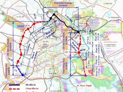 Sơ đồ hướng tuyến đường vành đai 3, TP.HCM - Nguồn : Ban quản lý dự án đầu tư xây dựng các công trình giao thông TP.HCM