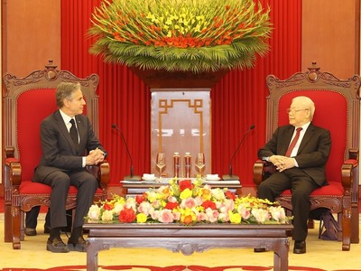 Tổng Bí thư Nguyễn Phú Trọng đã tiếp Ngoại trưởng Hoa Kỳ Antony Blinken (Ảnh: TTXVN)