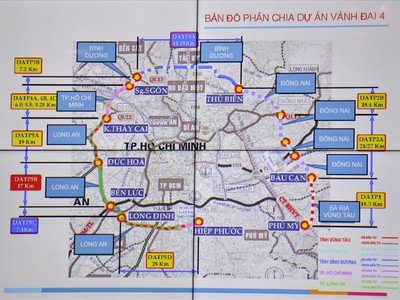 Bản đồ phân chia dự án Vành đai 4 (Ảnh: Hà Mai).