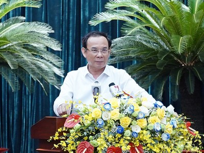 Bí thư Thành ủy TP.HCM Nguyễn Văn Nên phát biểu tại Hội nghị. Ảnh: Thuận Văn.