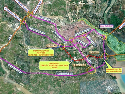 Dự án đường vành đai 2 tuyến Tân Vũ - Hưng Đạo - Bùi Viện có tổng chiều dài khoảng 10,6 km qua địa phận quận Hải An, Dương Kinh và Kiến An (TP. Hải Phòng). Nguồn: Internet. 